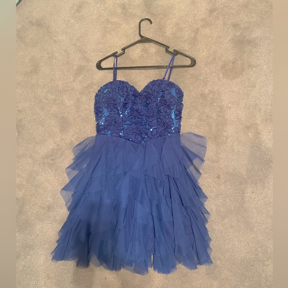 Blue lace back prom dress